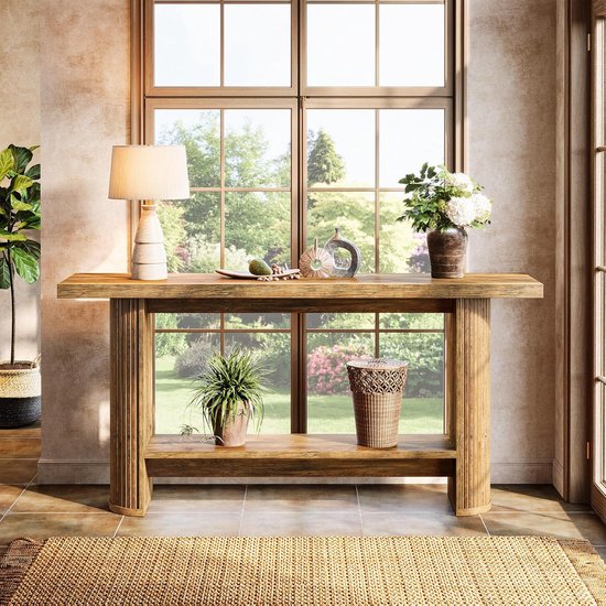 Tribesigns Sidetable - Consoletafe met Plank - Bruin - 140 x 30 x 80 cm - Console Tafel voor Hal, Woonkamer, Entree