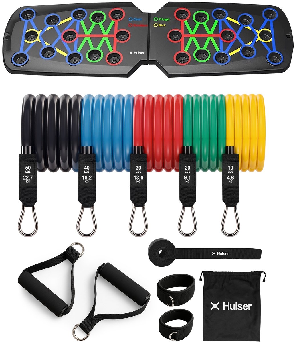 Hulser Sportieve bundel - Push-up bord en Weerstandsbanden - Fitness plank en resistance bands met handvatten, ankle strap en deuranker - Opdrukken sporten - Home workout - Enkelband - Stretch elastiek - Power band weerstandselastiek