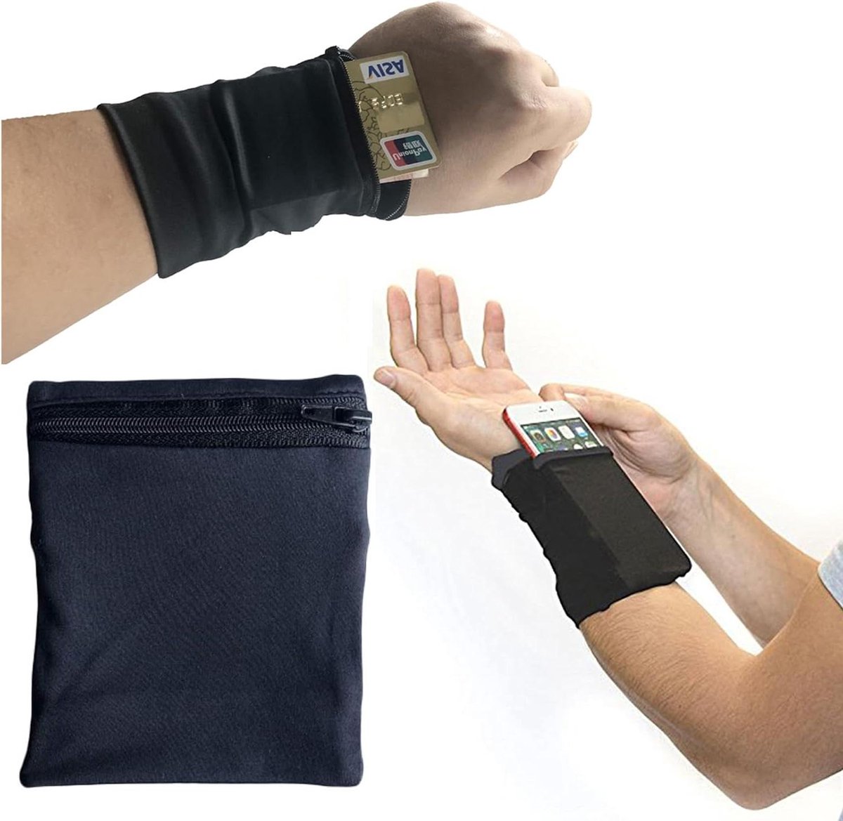 Allecto Plus - Sport Polszak Sweatproof met Rits voor Mobiele Telefoon - Zwart - Ideaal voor Sport en Cash opbergen