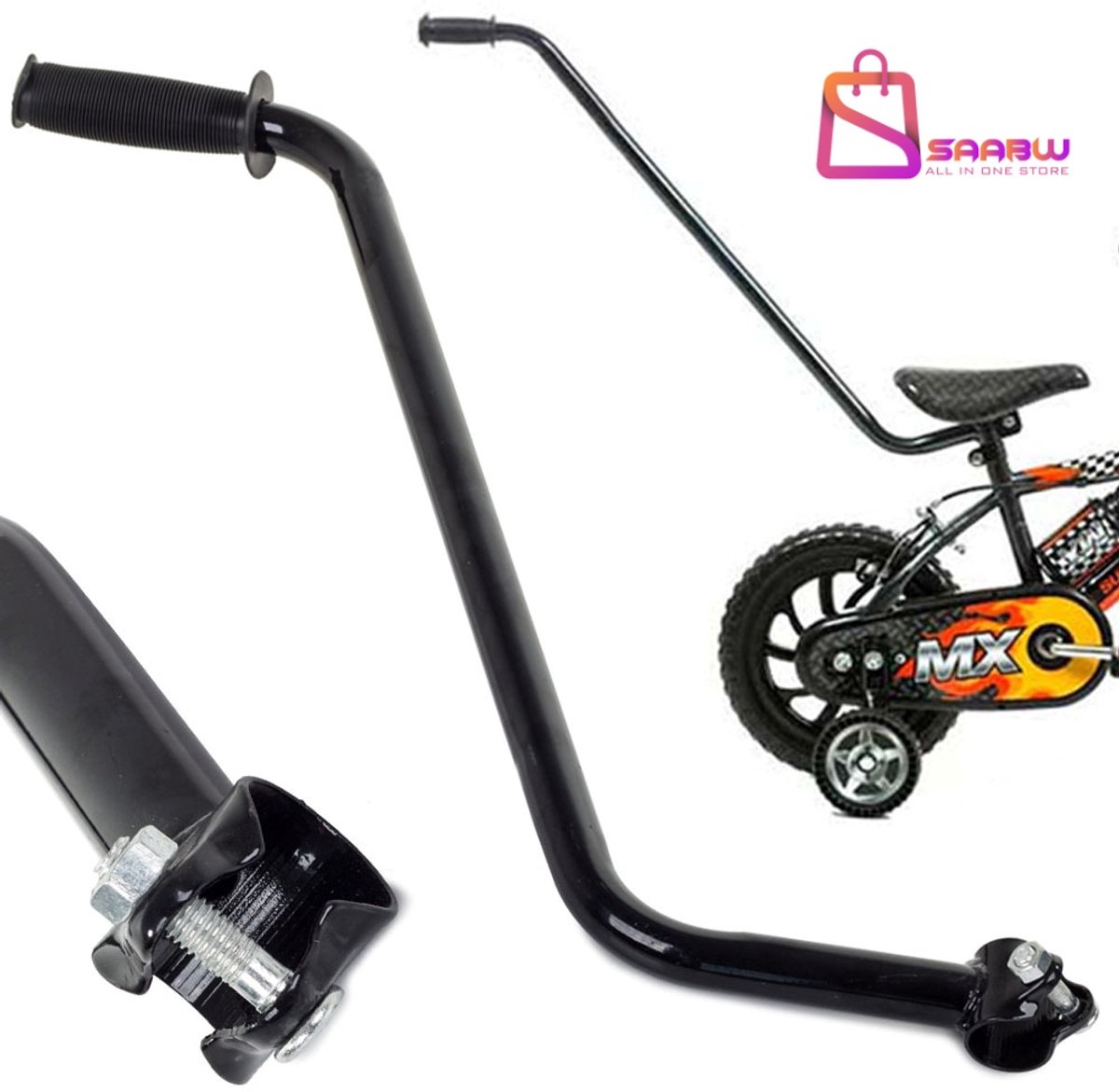 Duwstang voor kinderfiets – Universele Leerstok met Rubberen Handgreep – Onder Zadel Monteerbaar – duwstang kinderfiets – Zwart – Inclusief Bevestigingsschroef - 12940