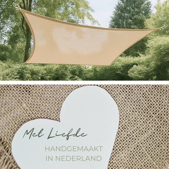 Beige schaduwdoek hangend tussen bomen. Een hartvormige kaart met 'Met Liefde Handgemaakt in Nederland' ligt op jute stof.