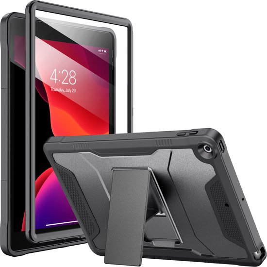 Étui iPad 9/8/7 - 9e/8e/7e génération - 10,2 pouces - 2021/2020/2019 - Avec protection d'écran - Antichoc - Anti-poussière - Chargement - Étui - Béquille - Noir