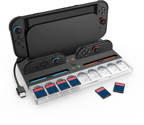 Nintendo Switch met controllers op een zwart laadstation met 9 game card slots.