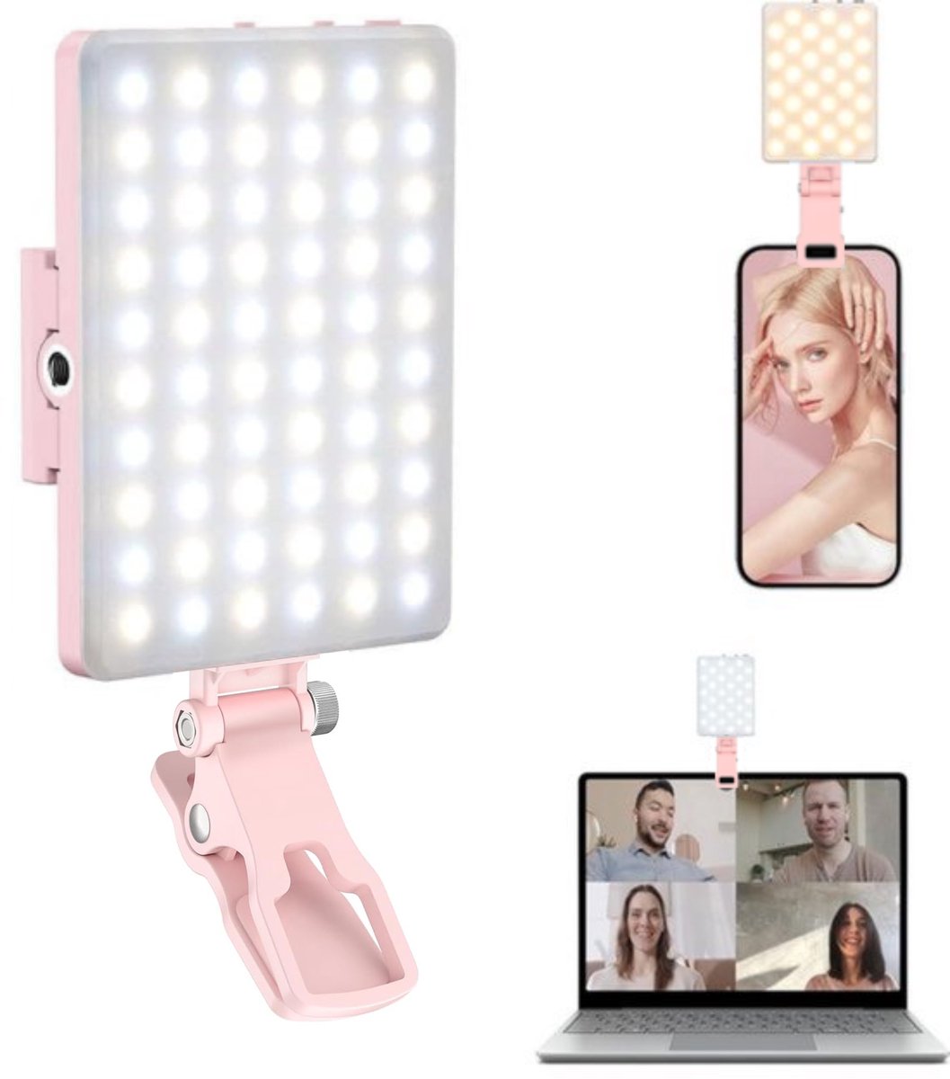 Sounix LED Video Lamp - Studiolampen - 60 LED - Selfie light - Oplaadbare - Smartphone Lamp - Roze
