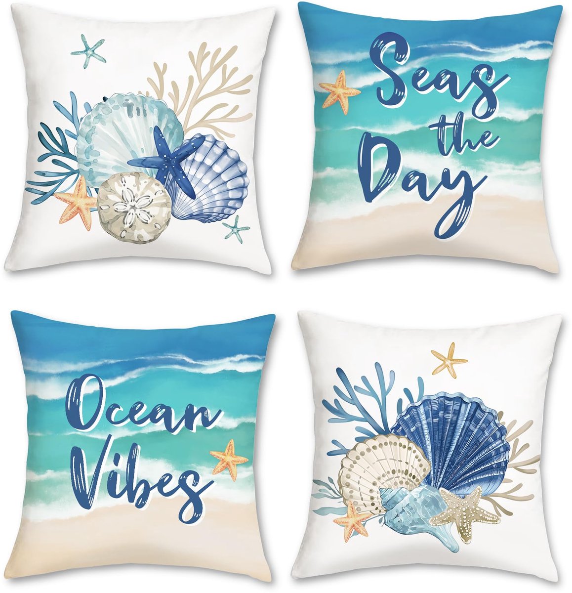 Ibenzoa Zachte Fluwelen Kussenslopen Set van 4 met Kustthema voor Woondecoratie blauw wit
