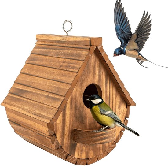 Houten Hut nestkast voor tuinvogels (roodborstje, vliegenvanger en zwarte roodstaart Houten Hut nestkast voor tuinvogels (roodborstje, vliegenvanger en zwarte roodstaart