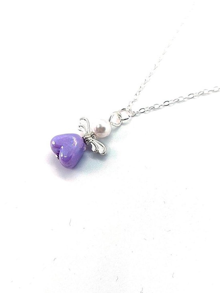 Ketting Meisje- Meisjesketting Engeltje- Hartje- Parel- Paars- Geluk en Bescherming- Zilver- Kind- LiLaLove
