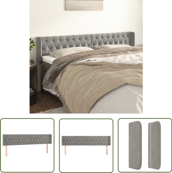 vidaXL Hoofdkussen - Hoofd Bord - Hoofdbord met randen 203x16x78/88 cm fluweel lichtgrijs - Beddecoratie - Fluweel - Grijs