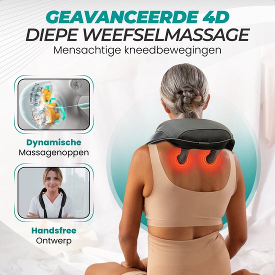 Vrouw op de rug, draagt nekmasseermachine met gloeiende massagekoppen. "Geavanceerde 4D diepe weefselmassage."