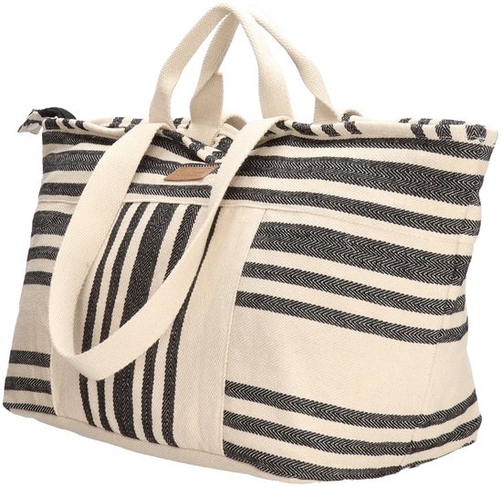 Beige strandtas met zwart gestreepte patronen, schuin van voren gefotografeerd. Twee hengsels en een roze label.