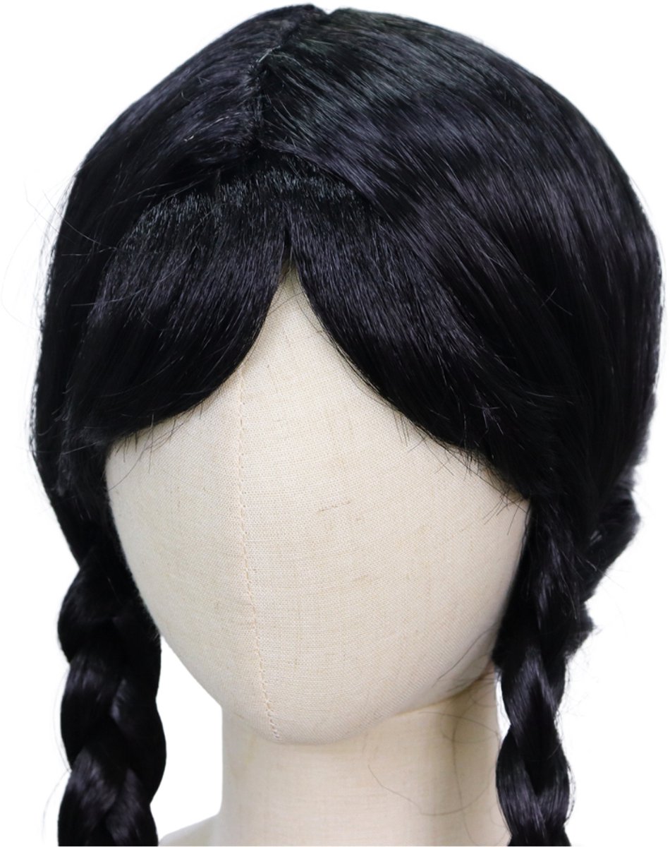 Joya Kids® Zwarte Verkleed Pruik Donker Haar met 2 Vlechten | Pruik Kinderen Lang Zwart Haar met Vlechten | Meisjes verkleedpruik Halloween | Prinses Pruik — afbeelding 7