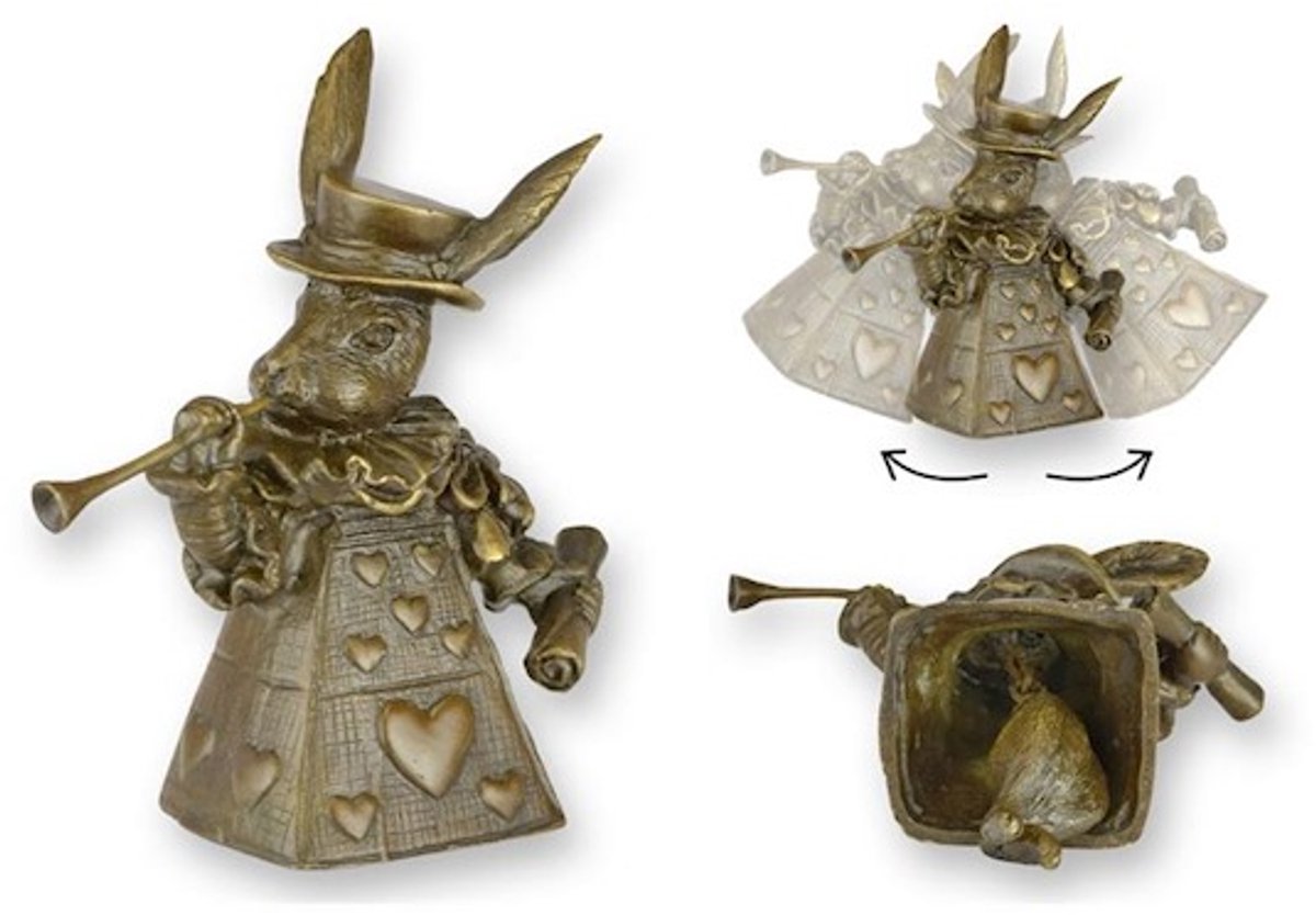Bronzen tafelbel konijn als Hartenkoningin – decoratief bronzen beeld – unieke handgemaakte tafelbel met dierenthema – 11,3 cm hoog