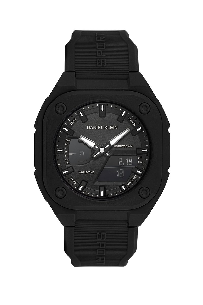 Daniel Klein DK.2328-1 - Horloge -Polshorloge - Analoog - Digitaal- Heren -Mannen - Achthoek- Rubberen band - ABS- Strepen - Reset- 12-24u - Start-Stop- Alarm - Stopwatch - Timer- Datumaanduiding - Achtergrondverlichting - Zwart - Wit - Zilverkleurig