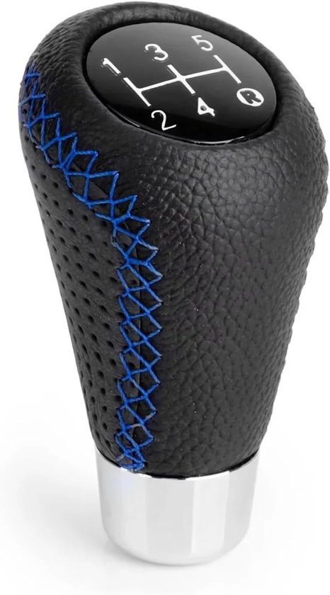 Zwarte pookknop met geperforeerd leer en blauwe stiksels. Zwart verchroomde onderkant. Versnellingsindicator 1-2-3-4-5-R.