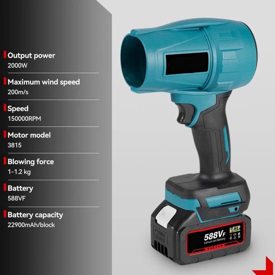 WNHB® Draadloze mini bladblazer - Krachtige blower 2000W - 720 kmh luchtsnelheid - Inclusief 2 accu’s van Merkloos	 — afbeelding 5