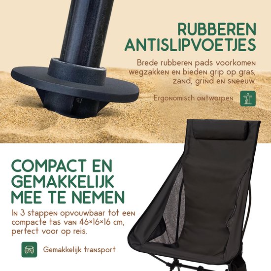 Recalma Campingstoel Zwart - Opvouwbare Vouwstoel met Neksteun - Lichtgewicht Visstoel - Vouwstoel Inklapbaar - Incl. Drankhouder, Draagtas en opbergvak - Comfortabel XL model - Zwart van Recalma — afbeelding 2