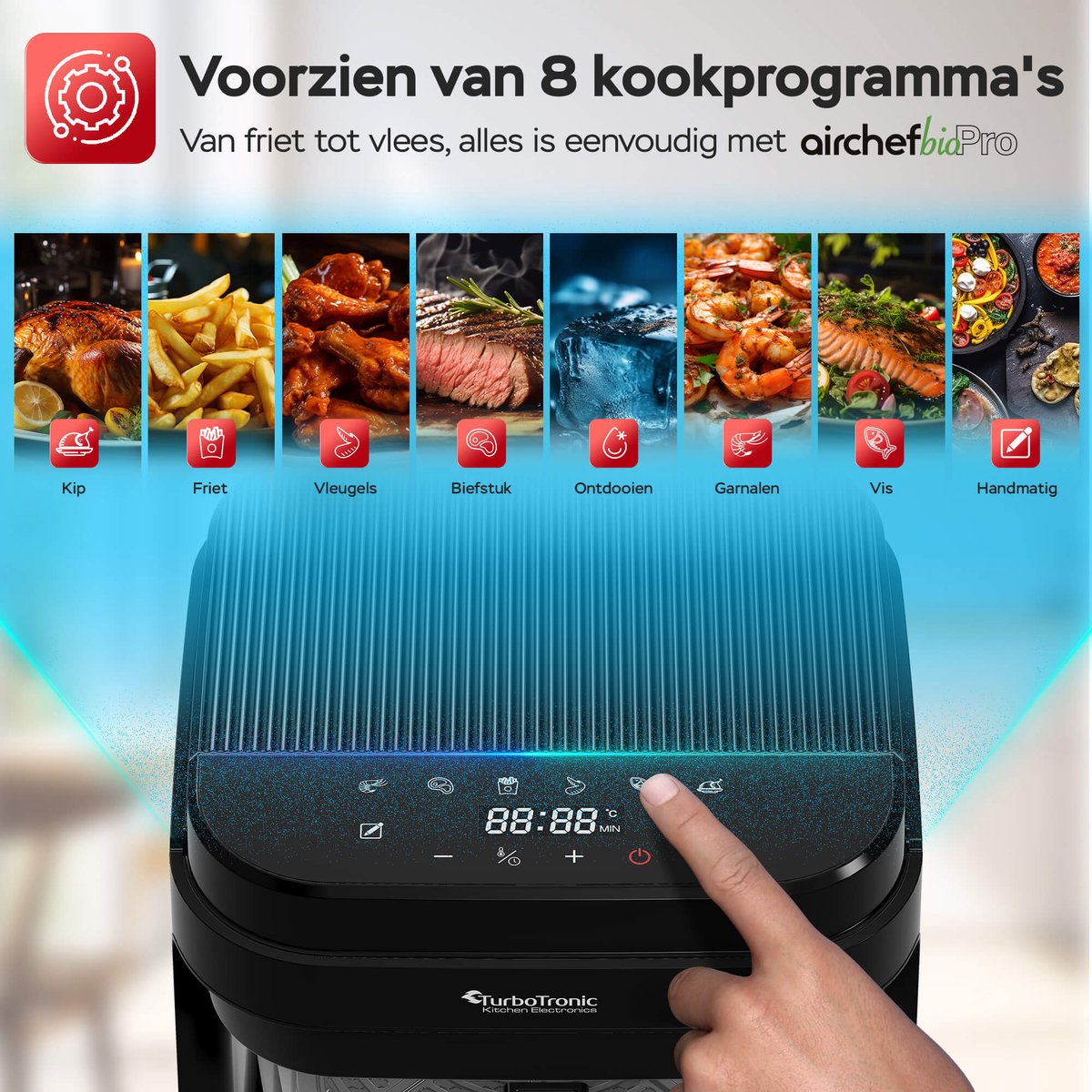 Turbotronic AFG5 Airfryer XXL met glazen bak- BPA & PFAS Vrij - 5.5L - Heteluchtfriteuse - Dual Heating - 40ºC tot 200ºC - 8 Kookprogramma's - Zwart — afbeelding 3