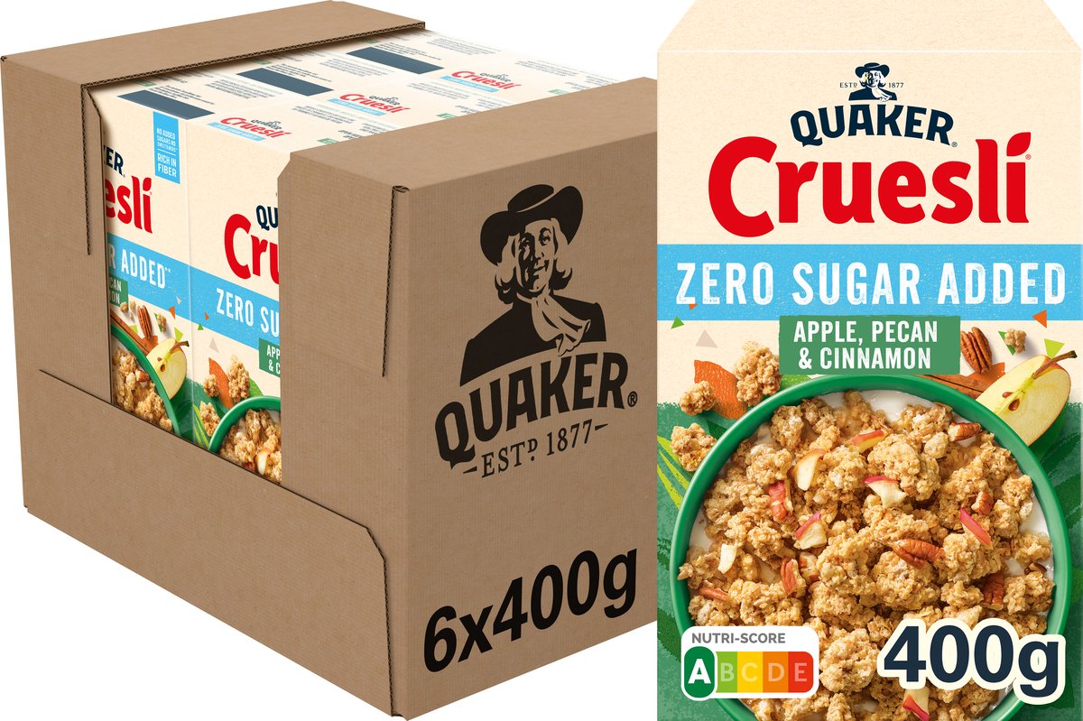 Quaker cruesli zero sugar added apple, pecan & cinnamon - ontbijtgranen - 6 x 400 gram