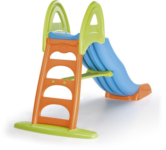 Blauwe glijbaan met oranje en groene accenten, zonder kinderen.
