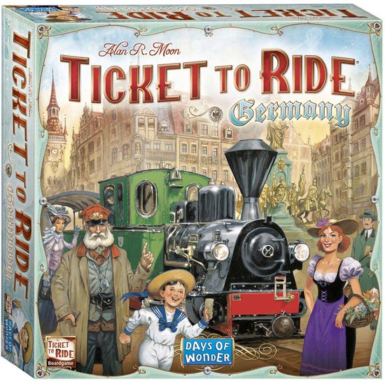 De doos van het bordspel Ticket to Ride Duitsland, met een stoomlocomotief en mensen in klederdracht.