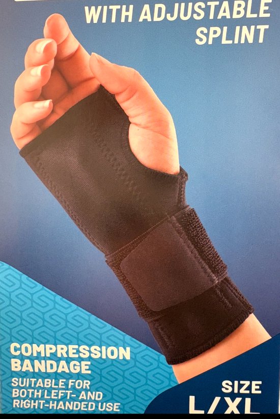 Zwarte compressie polsband met verstelbare spalk, geschikt voor links- en rechtshandig gebruik.