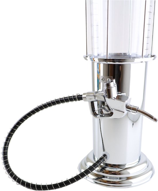 De onderkant van een zilverkleurige drankdispenser met een slang en een pomphendel.