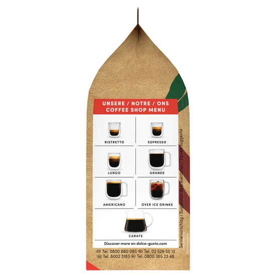 Bruine verpakking met een koffie menu met Ristretto, Espresso, Lungo, Grande, Americano, Over Ice Drinks en Carafe.