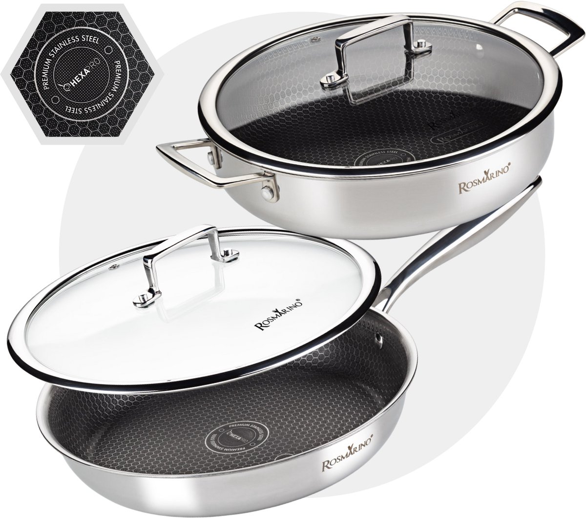 Rosmarino HexaPRO Pannenset 4delig - Koekenpan 28cm - Braadpan 28cm - Pannen - met glazen deksel - Geschikt voor alle warmtebronnen