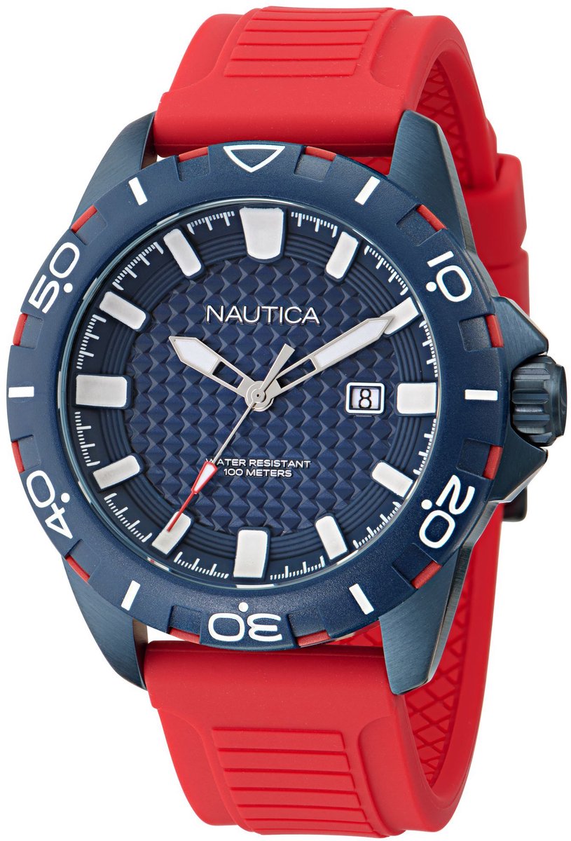 Nautica Nsr Quartz Analoog Horloge Blauw En Rood Kast: 100% Roestvrij Staal. Armband: 100% Siliconen 44 NAPNRS503