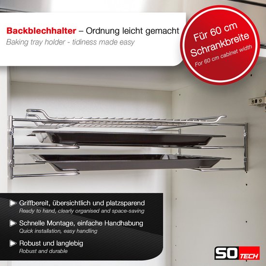 SOTECH Bakplaathouder voor 3 bakplaten (364 x 140 x 125 mm, zwart chroom, voor 600 mm kastbreedte) Bakplaathouder - Eenvoudig organiseren