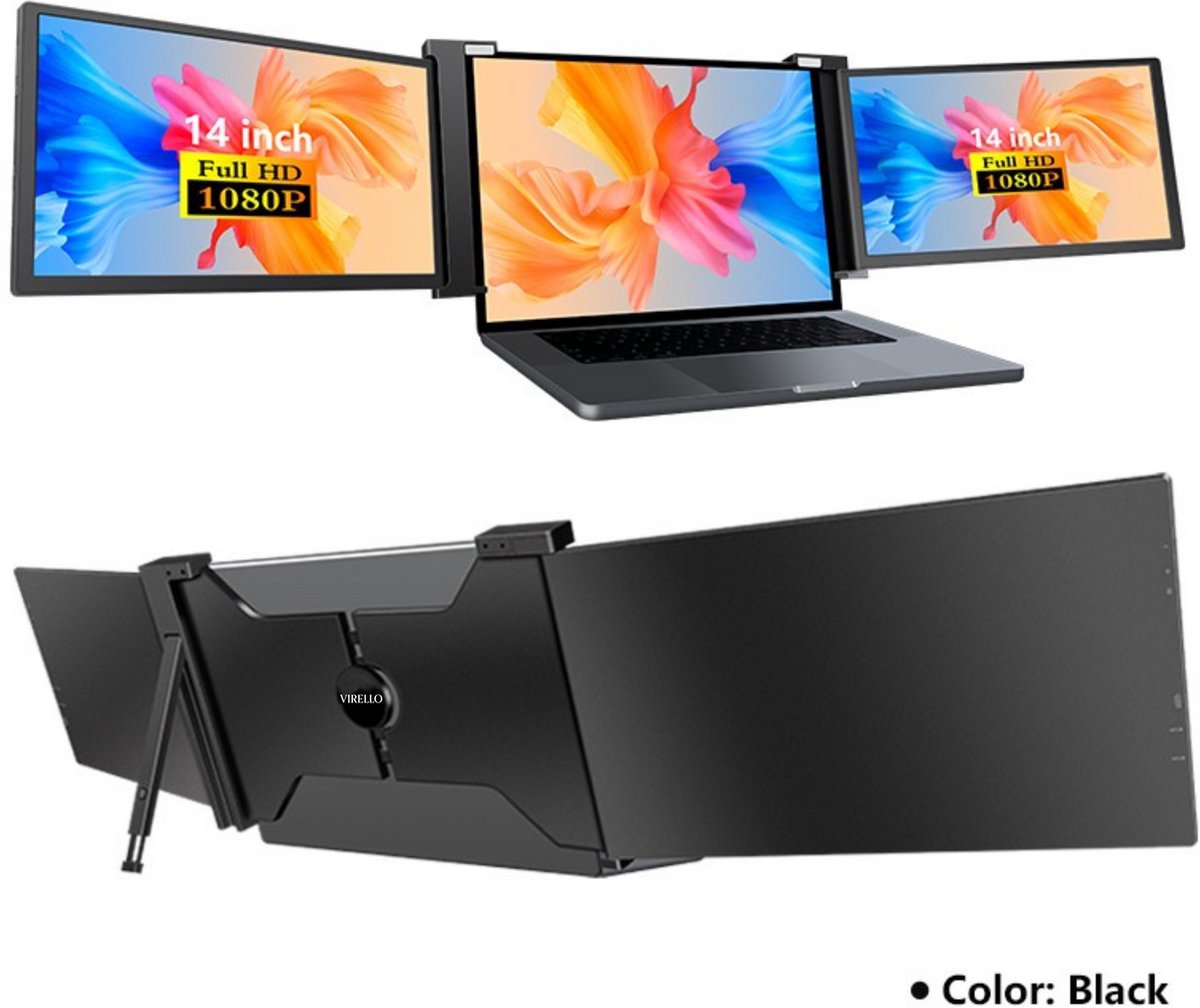 Virello® Portable Monitor Pro 2025 - 2x Full‑HD IPS 14″ scherm - Voor Laptops van 14" t/m 17.3" - Laptopscherm uitbreider - USB-C/USB-A & HDMI - Inclusief Hoes & Kabels - Zwart - 2 jaar garantie