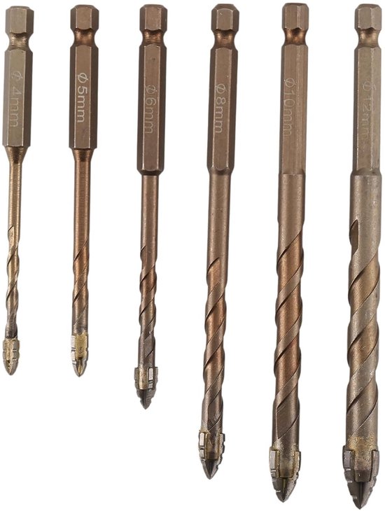 Excentrische boorset, 4-delig, zaagtandboor met 4 snijkanten, viersnedige boor met 1/4 inch zeskantschacht, hardmetalen punt, zeer harde boorset voor tegels, glas, hout, metaal (geel, 4 stuks