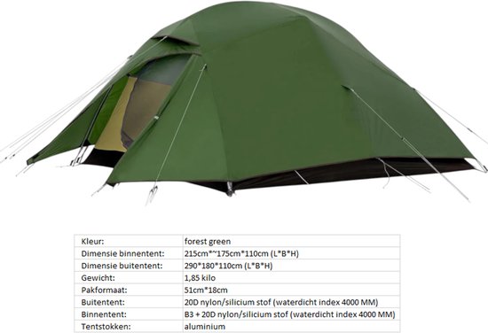 Cloud Up 3 Upgrade - Naturehike - Tente 3 personnes - Léger - Incl. tapis de sol gratuit - 20D 4000MM - Imperméable - Randonnée & Marche