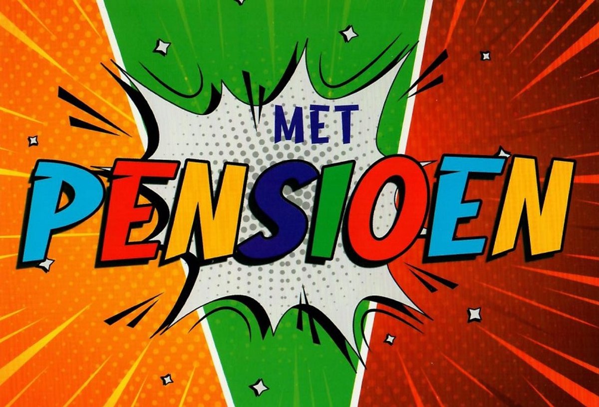 Met pensioen! Van harte gefeliciteerd! Een bijzondere kaart met gekleurde letters en felle kleuren. Leuk om zo te geven of om bij een cadeau te voegen. Een dubbele wenskaart inclusief envelop en in folie verpakt.