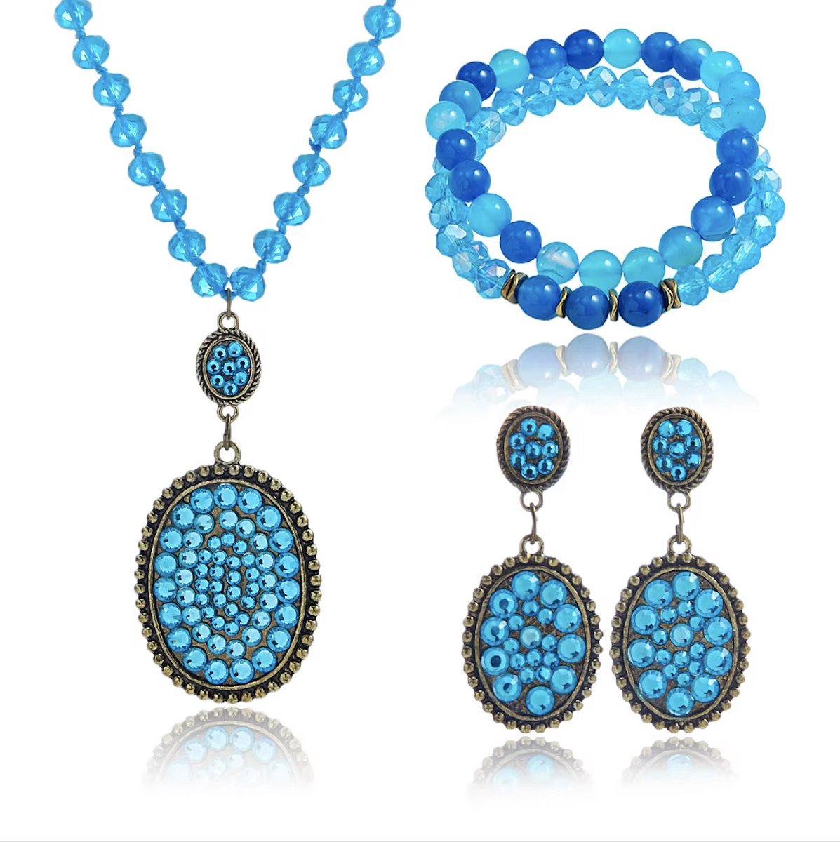 ASTRADAVI Mode Sieraden - Sieraden Geschenkset - Prachtige natuurstenen ketting met bijpassende armbanden en oorbellen - Blauw