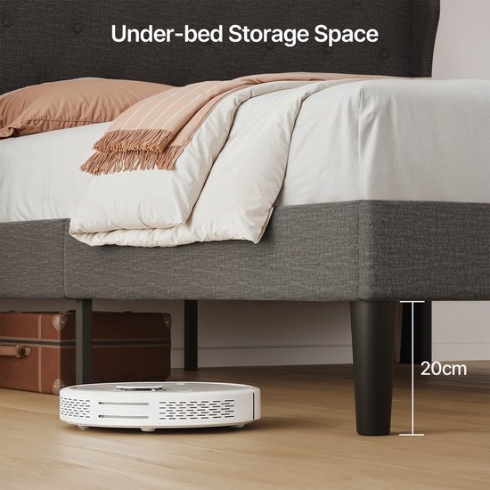 Cadre de lit gris foncé avec 20cm d'espace libre en dessous, idéal pour le rangement. Inclut un aspirateur robot.