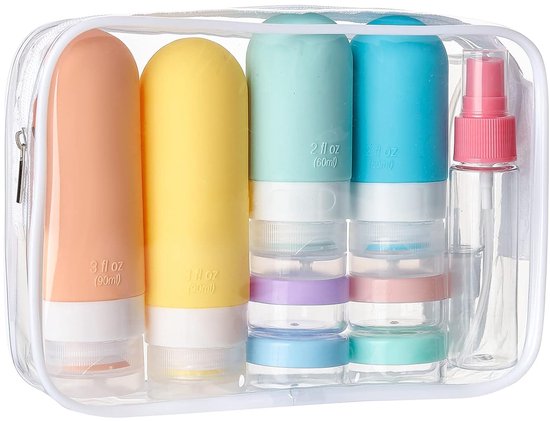 Reisflesjes met Etui - Reisset - Reisflesjes Handbagage 90ML - 16-delige set - Siliconen Reisflacons - Reis Flesjes Navulbaar - Reisaccessoires - Toilettas - Incl. Parfumverstuiver - voor toiletartikelen- shampoo-lotion en body wash (wit verpakking)