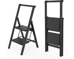 NAIZY Trapladder 2 Treden Inklapbare Ladder Vouwladder, Huishoudladder, Opstapje met Leuningen & 30x20cm Brede Treeplank tot 150KG Belastbaar, Zwart