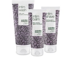 Serie Scheren Intieme zone - 3 producten voor het verwijderen van rode bultjes, Vlekjes en ingegroeide Haren Na het Scheren. De serie bevat: Intim Wash 200ml, Intim Shave 100ml, Intieme aftershave balsem 100ml | Australian Bodycare