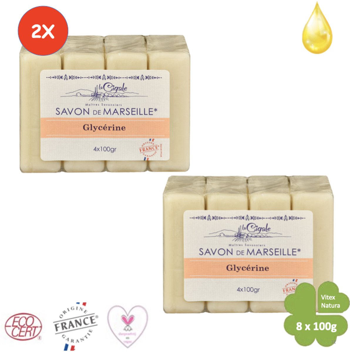 Savon de Marseille 800g Glycèrine zeep | 2 pakjes a 4x100g | Le Cigale