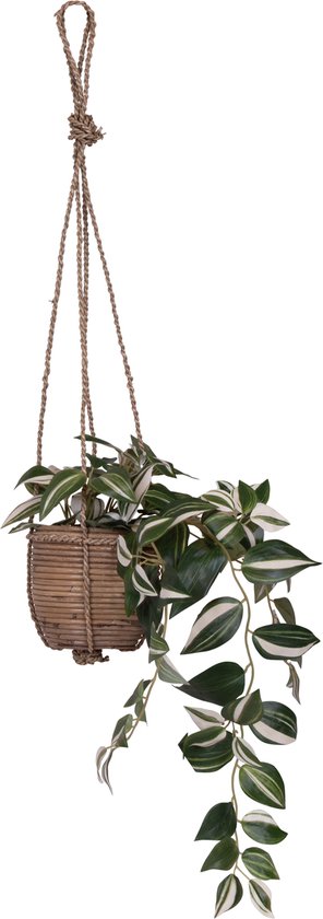 Tradescantia zebrina kunst hangplant in rotan hangpot - nep planten - voor binnen en buiten - kamerplant