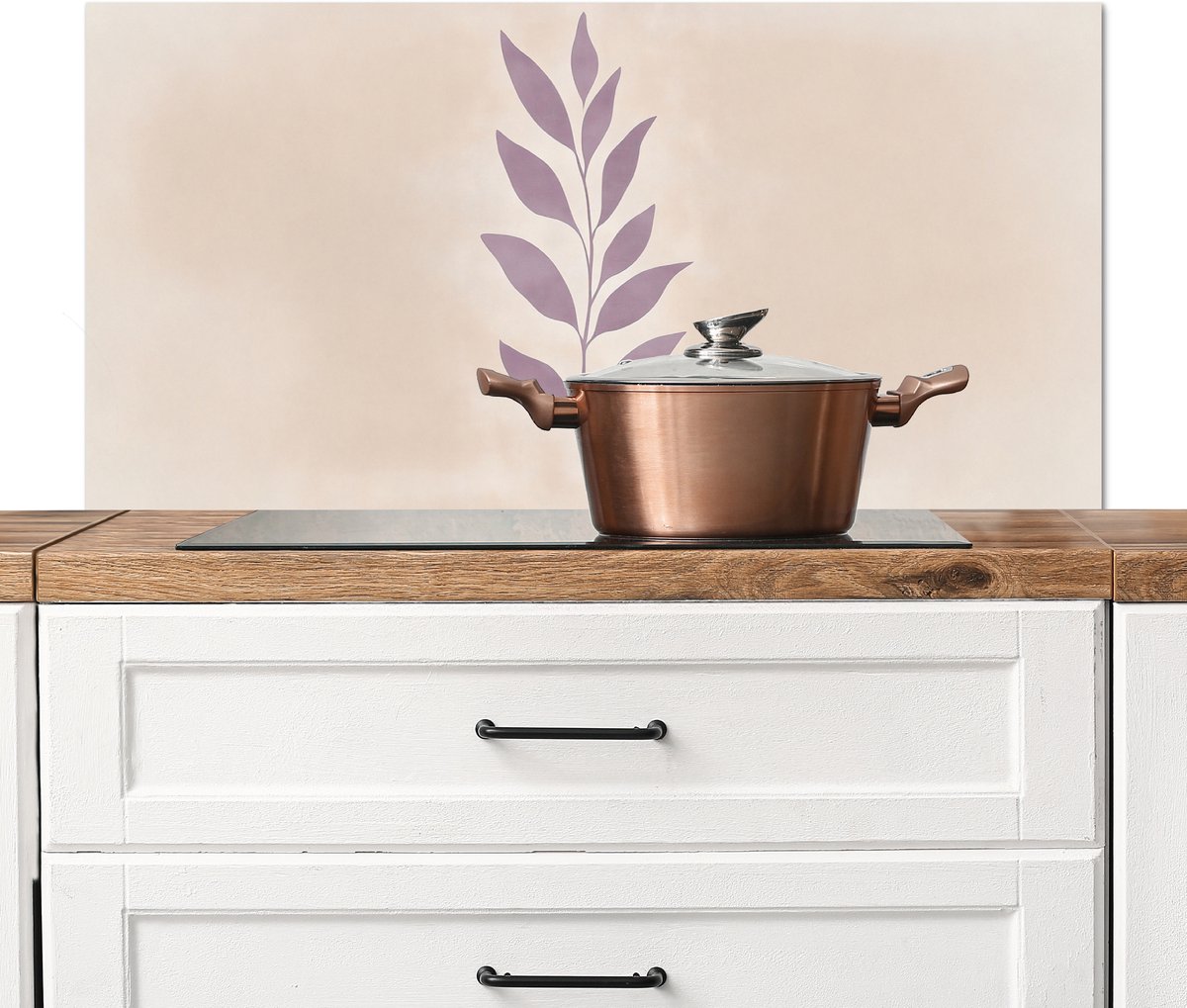 KitchenYeah Spatscherm keuken 100x50 cm Kookplaat achterwand Tak Bladeren Minimalistisch Beige Muurbeschermer Spatwand fornuis Hoogwaardig aluminium