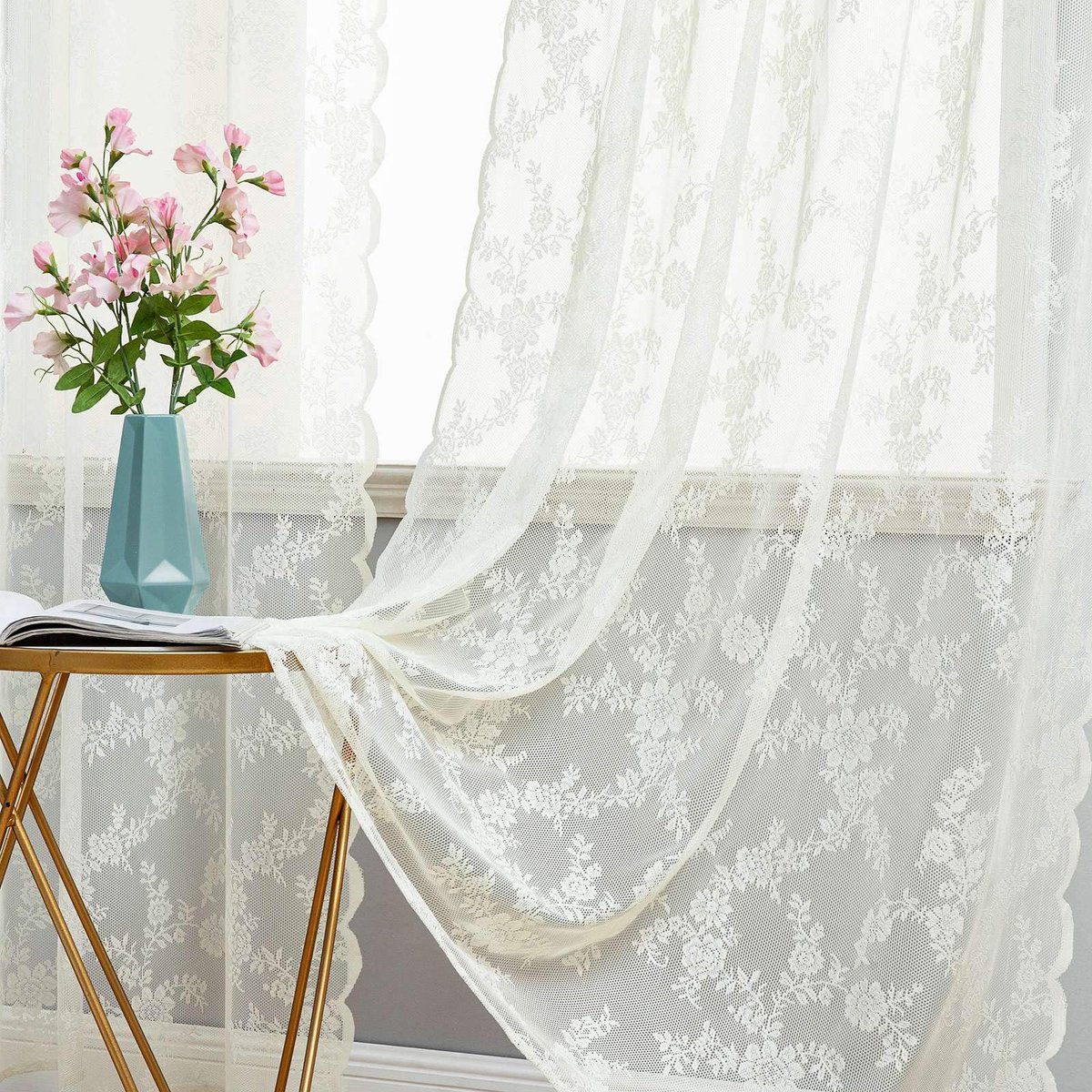 Ibenzoa Kanten Gordijnen Set van 2 met Elegante Bloemenpatronen, Transparante Voile voor Sfeervolle Kamers 260 x 150 cm Beige