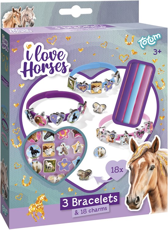 Totum paarden 3 schuif armbandjes maken met 18 bedels - I love horses - speelgoed meisjes jongens vanaf 3 jaar