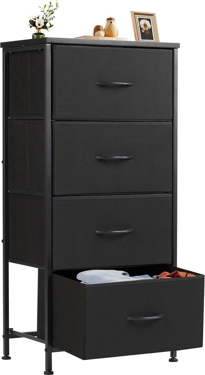 Dressoir / Opbergkast met 4 Stoffen Lades – Metalen Frame & MDF Blad – Industrieel Design – Zwart – Voor Slaapkamer, Woonkamer, Hal of Kinderkamer HMTM-SC-4D-BK