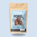Bruine Spark verpakking met foto van een bruine setter hond. Op de voorkant staat 'SPARK FOREL', 'HOND LIGHT' en 'MET ZALM, ZOETE AARDAPPEL & ASPERGE'.