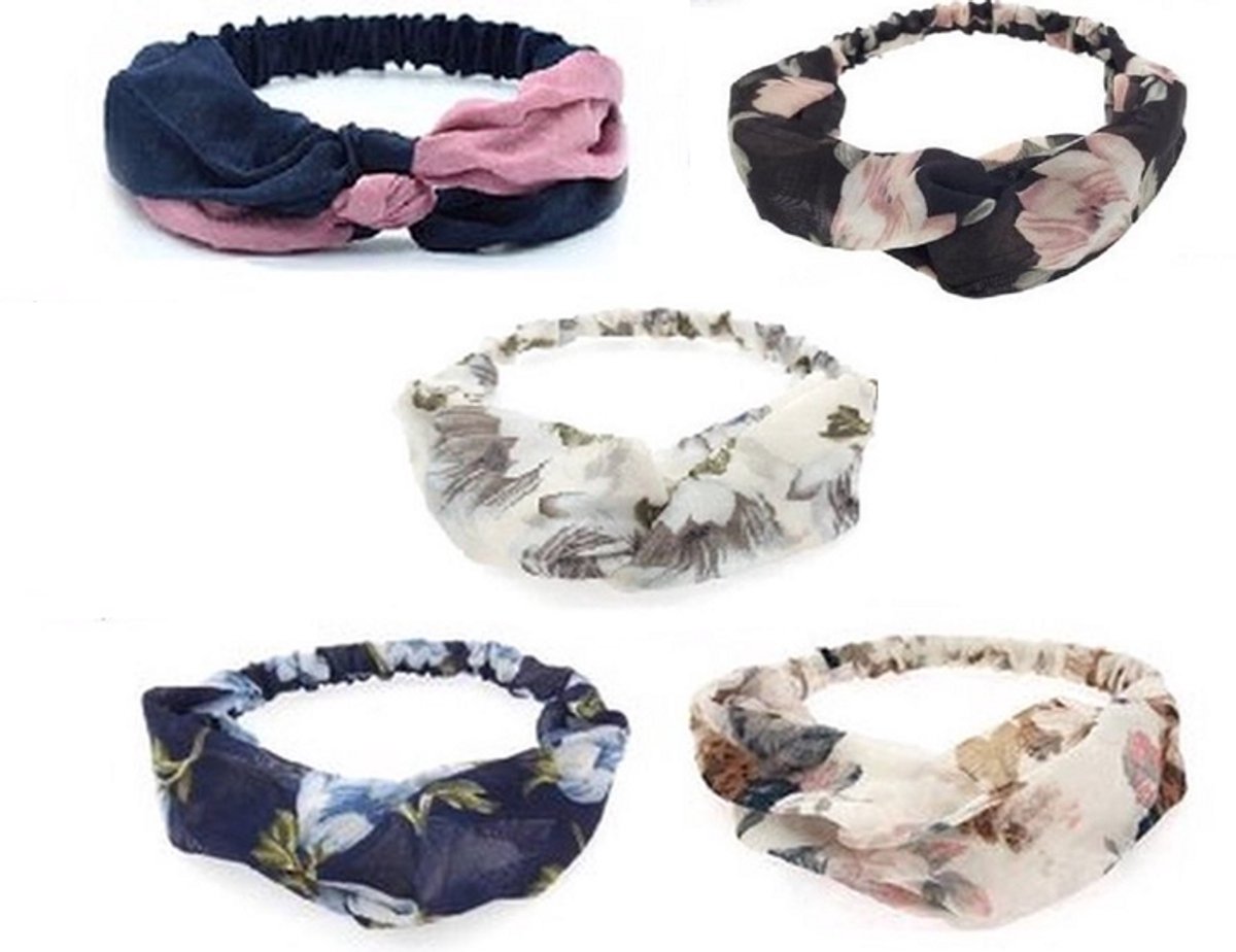 5 pack - Lente Dames haarbanden - Gebloemd - Zwart Roze Blauw Multi