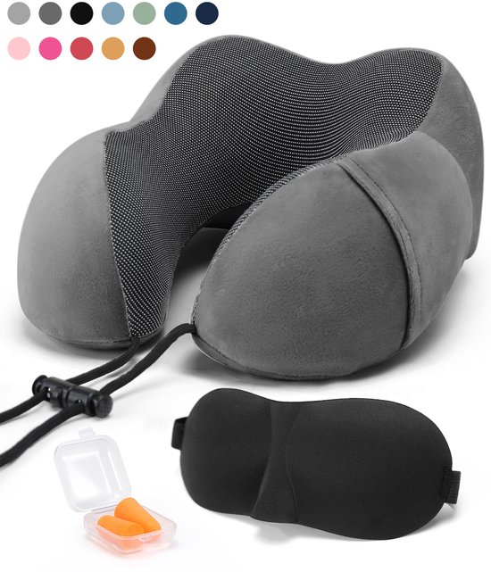 SKYCASES Travel Essentials - Nekkussen Set 3-delig - Ergonomisch Memory Foam Reiskussen met Oogmasker en Oordoppen - Ideaal voor Vliegtuig, Auto en Trein - Compact en Luxe - Antraciet