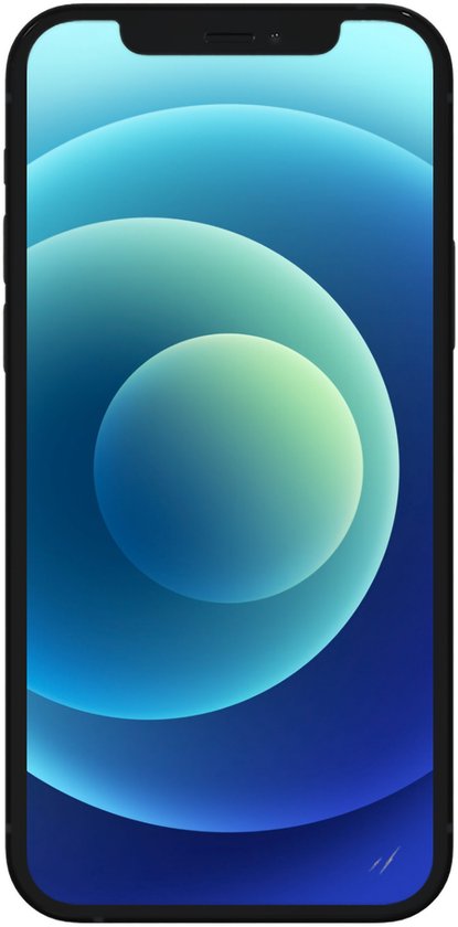 Donkerblauwe iPhone 12 met blauw-groen abstracte achtergrond op het scherm.