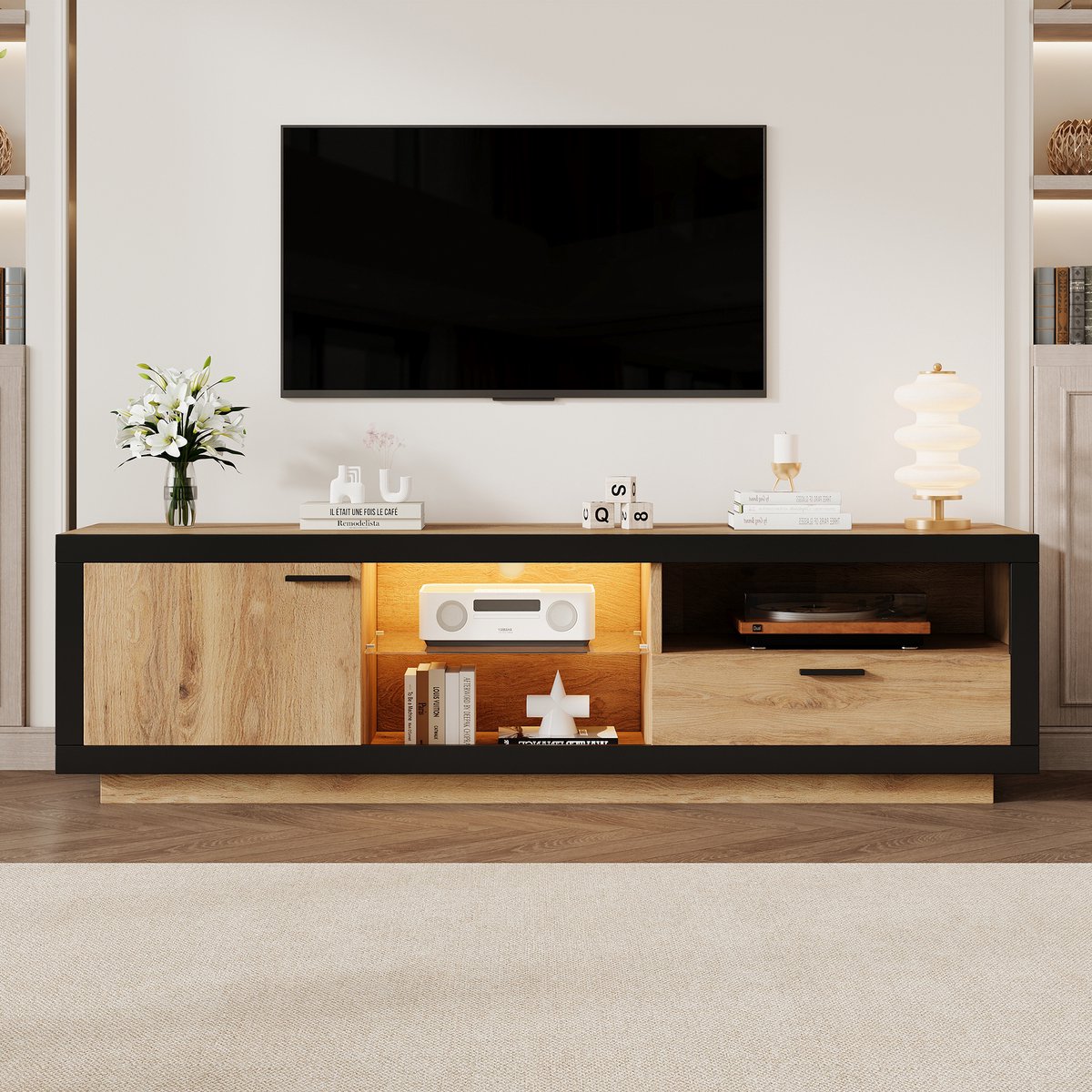 LED Tv-meubel - TV Ladekast - Modern Low Panel TV Entertainment Center - Tv-console met Opslag - Game Media Kast